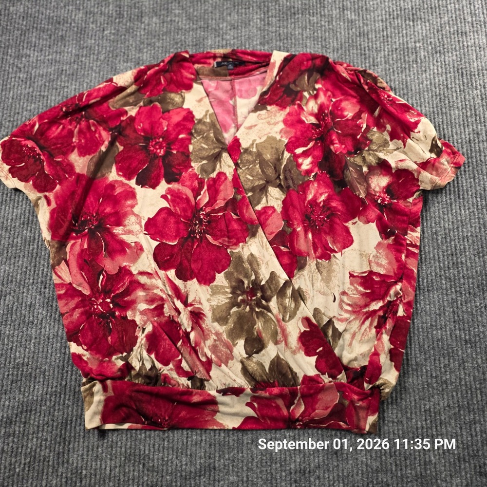 Anne Klein Womens Red Floral Surplice V-Neck Dolman Sleeve Blouse Size M